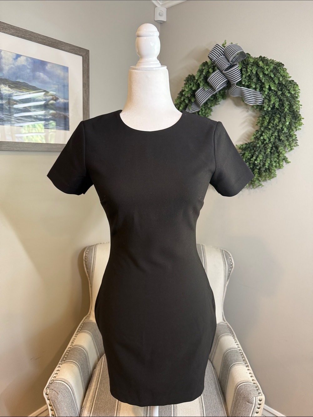 Likely Black Short-Sleeve Mini Sheath Dress